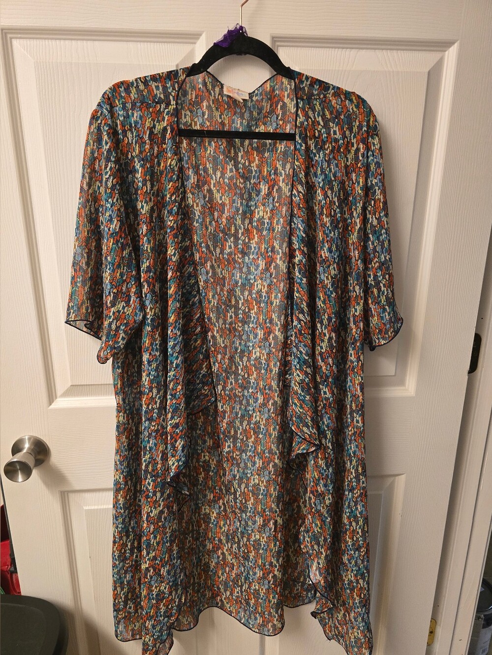 LuLaRoe Multicolor Blue Orange Teal Open-Front Chiffon Kimono